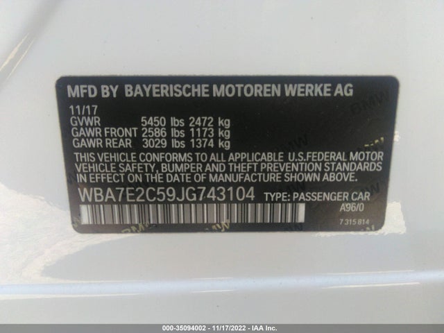 BMW 7 Series 740i 2018 WBA7E2C59JG743104 Image 9
