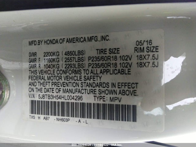 2017 Acura RDX, VIN: 5J8TB3H54HL004296