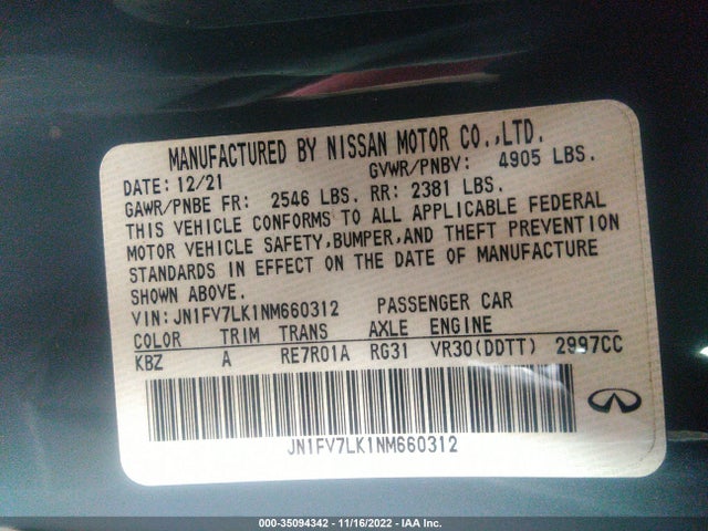 2022 Infiniti Q60, VIN: JN1FV7LK1NM660312