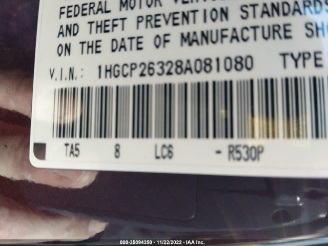 2008 HONDA ACCORD SDN LX VIN: 1HGCP26328A081080