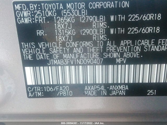 2022 Toyota RAV4, VIN: JTMAB3FV1ND090407