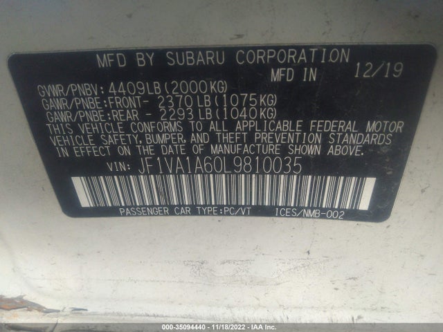 2020 Subaru WRX, VIN: JF1VA1A60L9810035