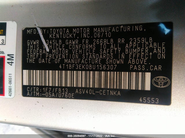 2011 TOYOTA CAMRY VIN: 4T1BF3EK0BU156307