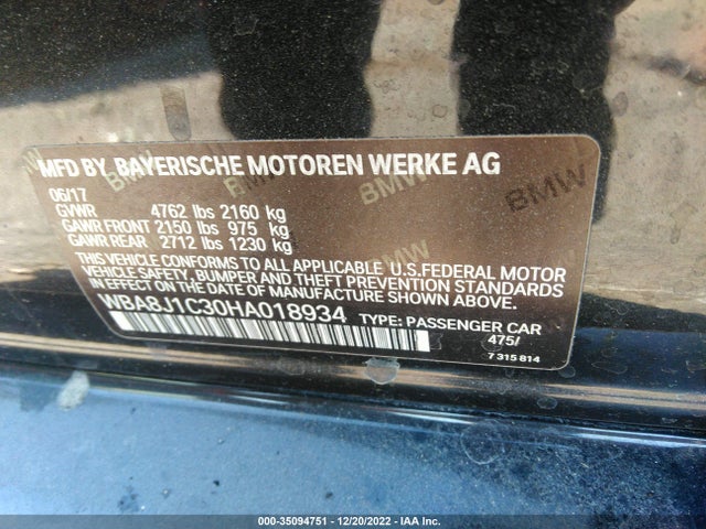 2017 BMW 3 SERIES 328D XDRIVE VIN: WBA8J1C30HA018934