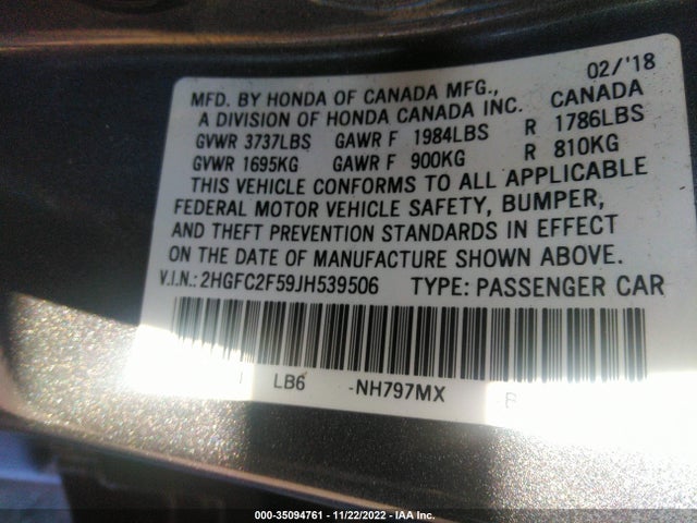 Honda Civic Sedan Lx 2018 2HGFC2F59JH539506 Image 9