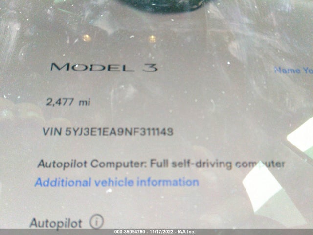 Tesla MODEL 3 2022 5YJ3E1EA9NF311148 Image 9
