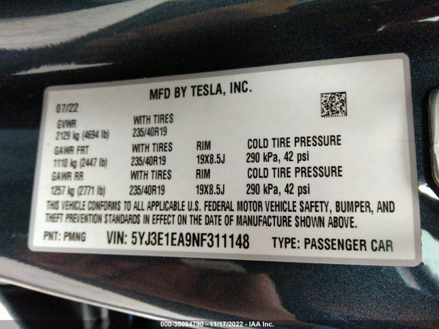 Tesla MODEL 3 2022 5YJ3E1EA9NF311148 Image 11