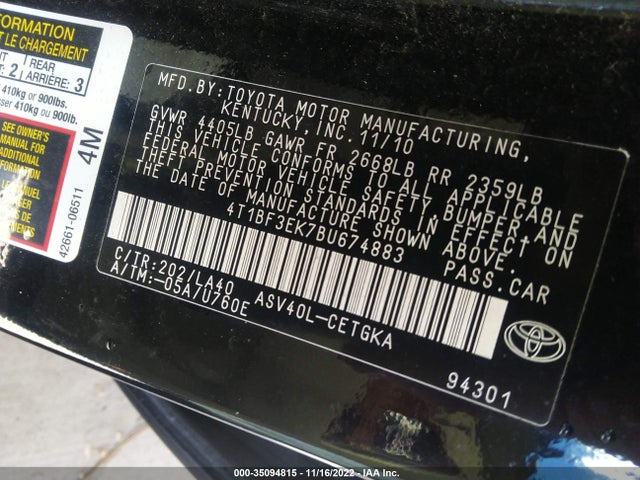 2011 TOYOTA CAMRY VIN: 4T1BF3EK7BU674883