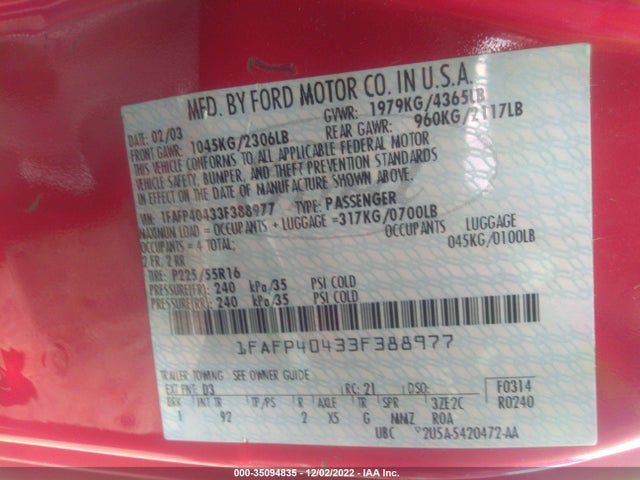 2003 FORD MUSTANG STANDARD/DELUXE/PREMIUM VIN: 1FAFP40433F388977