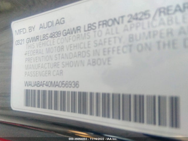2021 Audi A4, VIN: WAUABAF40MA056936