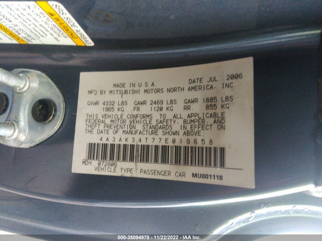 4A3AK34T77E019658 Mitsubishi ECLIPSE GT