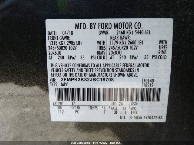 2018 FORD EDGE TITANIUM VIN: 2FMPK3K82JBC18708