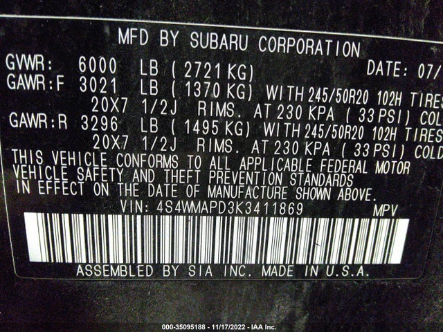 Subaru Ascent 2019 4S4WMAPD3K3411869 Image 10