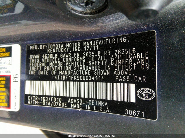 2012 TOYOTA CAMRY L/LE/SE/XLE VIN: 4T1BF1FK9CU034114