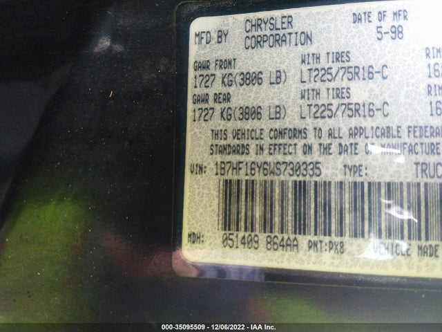 1998 DODGE RAM 1500 VIN: 1B7HF16Y6WS730335