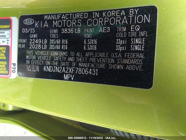 2015 KIA SOUL BASE VIN: KNDJN2A2XF7806431