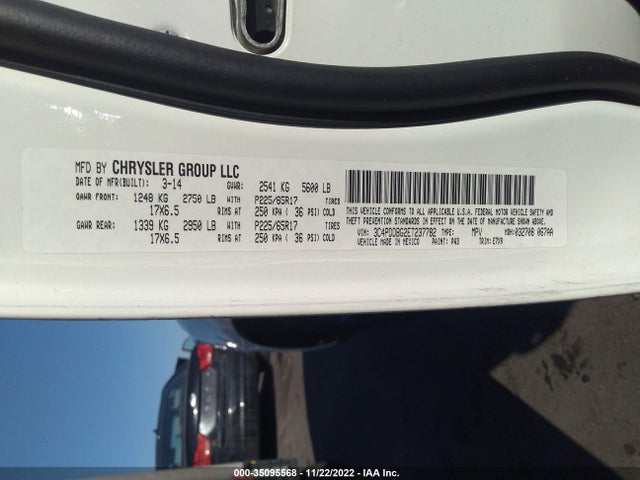 2014 DODGE JOURNEY SXT VIN: 3C4PDDBG2ET237782