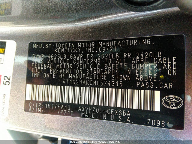 2022 Toyota Camry, VIN: 4T1G31AK0NU574315