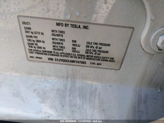 2021 TESLA MODEL Y LONG RANGE VIN: 5YJYGDEE4MF247085