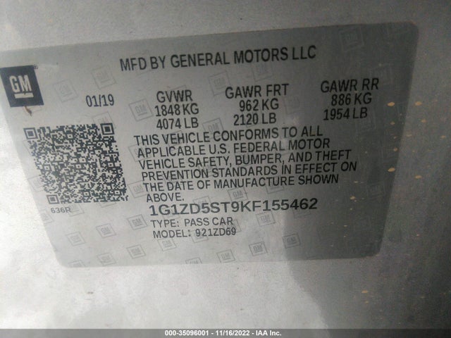 2019 Chevrolet Malibu, VIN: 1G1ZD5ST9KF155462