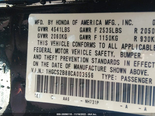 2012 HONDA ACCORD CPE EX-L VIN: 1HGCS2B88CA003556