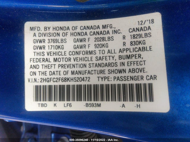 2019 HONDA CIVIC SEDAN LX VIN: 2HGFC2F68KH520472