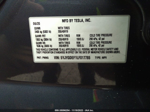 2020 Tesla Model Y, VIN: 5YJYGDEF1LF017785