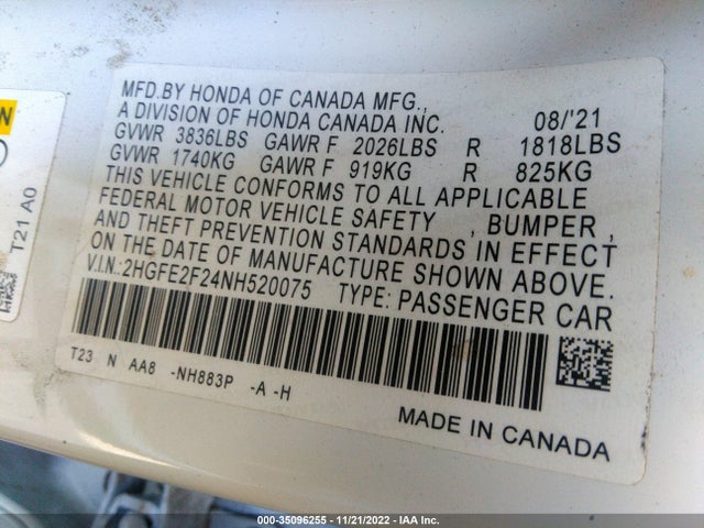 2022 HONDA CIVIC SEDAN LX VIN: 2HGFE2F24NH520075