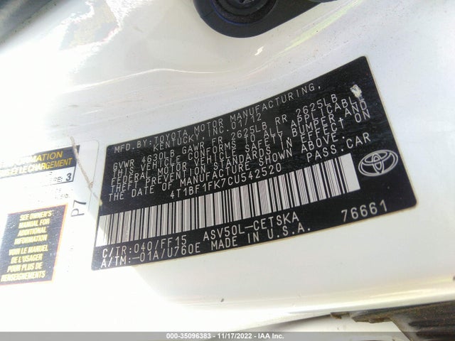 2012 TOYOTA CAMRY SE VIN: 4T1BF1FK7CU542520