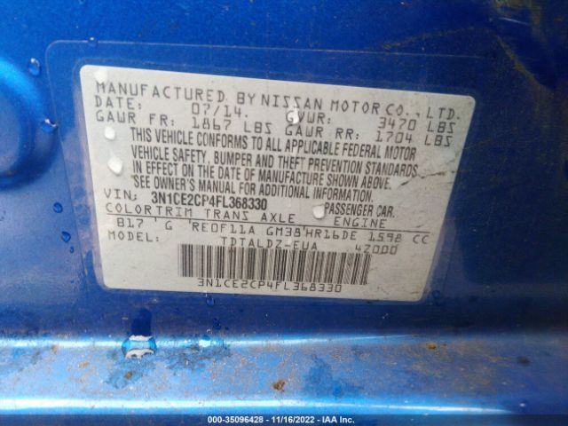 3N1CE2CP4FL368330 Nissan Versa Note S/s Plus/sv/sr/sl