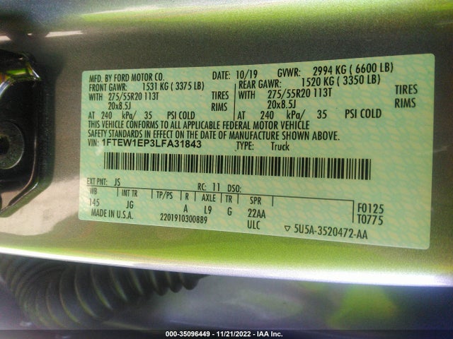 2020 Ford F-150, VIN: 1FTEW1EP3LFA31843