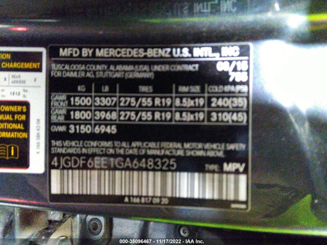 2016 Mercedes-Benz GL-Class, VIN: 4JGDF6EE1GA648325