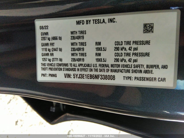 Tesla Model 3 Long Range 2022 5YJ3E1EB6NF338008 Image 9