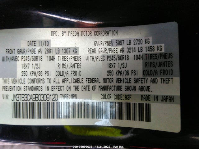 2011 MAZDA CX-9 TOURING VIN: JM3TB3CA9B0309120