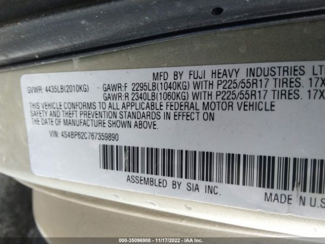 4S4BP62C767359890 Subaru Legacy Wagon Outback 2.5i Ltd