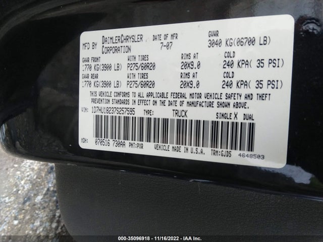 2007 DODGE RAM 1500 LARAMIE VIN: 1D7HU18237S257595