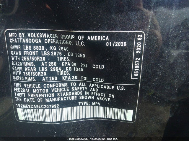 2020 Volkswagen Atlas, VIN: 1V2ME2CA9LC207992