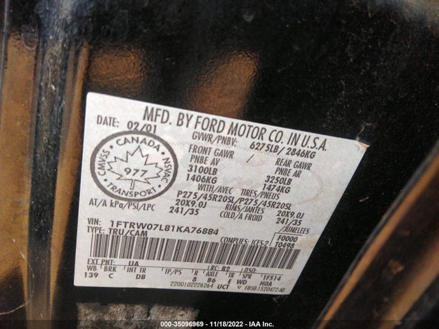 2001 FORD F-150 SUPERCREW XLT/LARIAT VIN: 1FTRW07L81KA76884