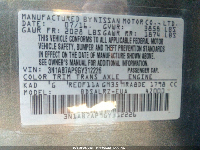 2016 Nissan Sentra, VIN: 3N1AB7AP9GY312226