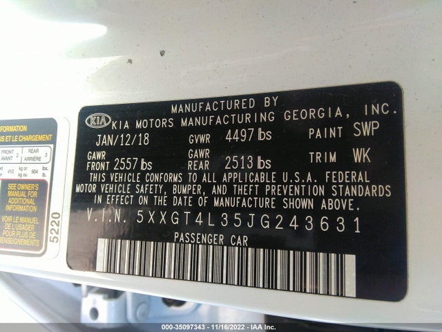 2018 Kia Optima, VIN: 5XXGT4L35JG243631
