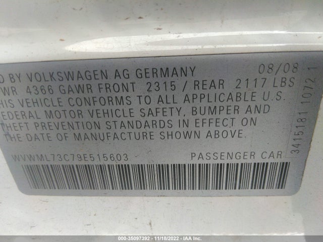 2009 VOLKSWAGEN CC SPORT VIN: WVWML73C79E515603