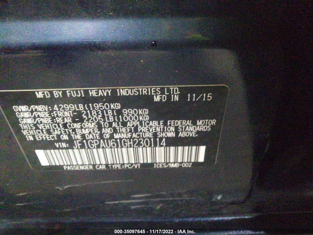 2016 SUBARU IMPREZA WAGON 2.0I SPORT LIMITED VIN: JF1GPAU61GH230114
