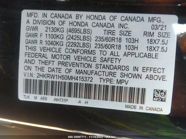 2021 Honda CR-V, VIN: 2HKRW1H50MH415372