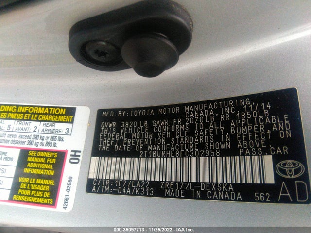 2015 TOYOTA COROLLA L/LE/S/S PLUS/LE PLUS VIN: 2T1BURHE8FC302958