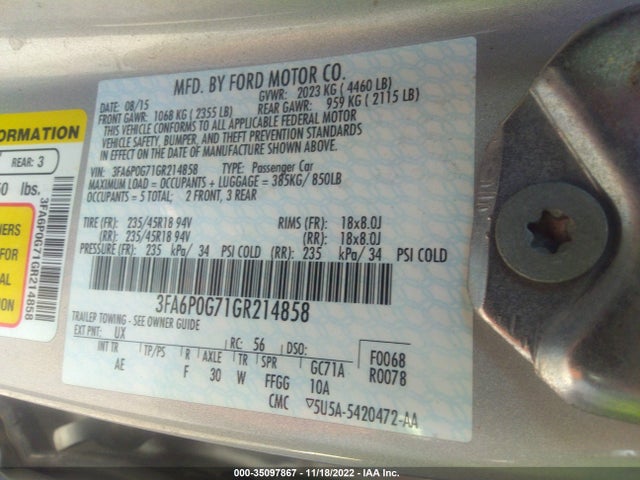 Ford FUSION S 2016 3FA6P0G71GR214858 Image 9