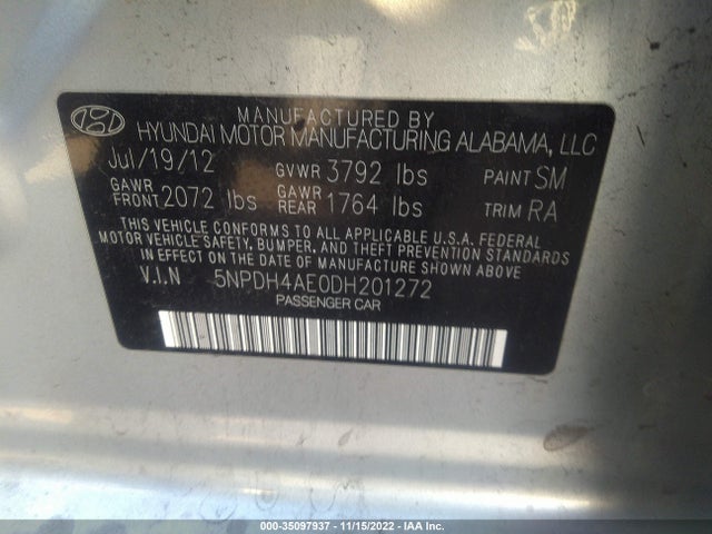 2013 HYUNDAI ELANTRA GLS PZEV VIN: 5NPDH4AE0DH201272