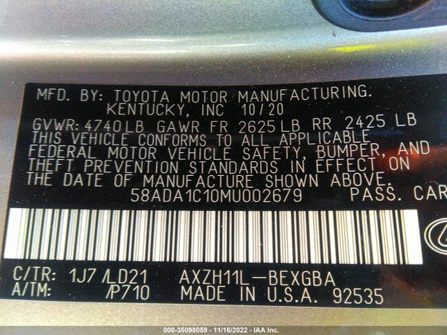 2021 Lexus ES, VIN: 58ADA1C10MU002679