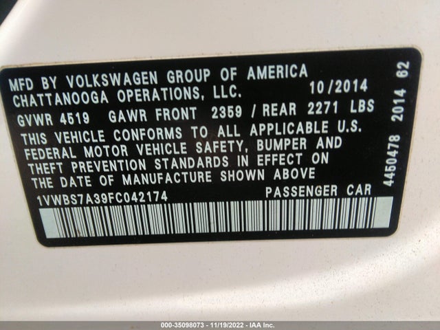 1VWBS7A39FC042174 Volkswagen Passat 1.8t Se W/sunroof & Nav