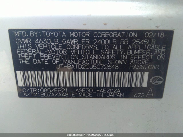 2018 Lexus IS, VIN: JTHBA1D20J5072648
