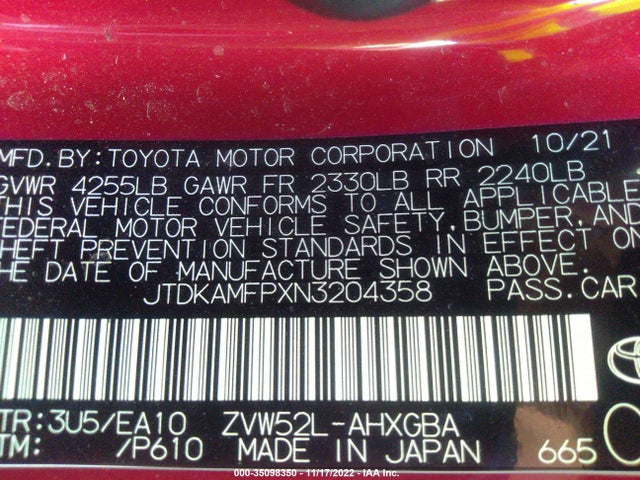 2022 Toyota Prius, VIN: JTDKAMFPXN3204358